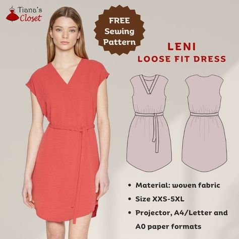 Leni V neck loose fitting dress is a simple and practical design. This beginner friendly dress features front V neck with plackets, extended shoulder, and curved front and back hem. It can be worn to work or to play, and the relaxed fit makes it great for summer!        Let’s have a look at the details:                                As usual, my pattern is made in 10 sizes from XXS to 5XL so you may find a suitable size for yourself. If you are not sure which size suits you, take a look at the measurement table b V Neck Dress Pattern Free, Free Tunic Sewing Pattern, Paper To Print, Loose Fit Dress, Free Dress, How To Fold Sleeves, Dress Patterns Free, Save The Earth, Free Pdf Sewing Patterns