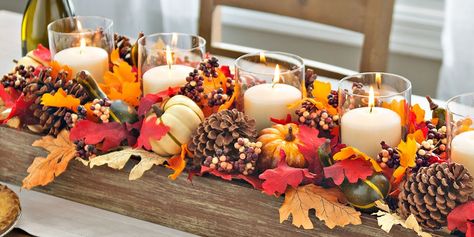 fall centerpiece candles pinecones Fall Dining Table Decor Ideas, Thanksgiving Dining Table, Fall Dining Table Decor, Thanksgiving Centerpieces Diy, Thanksgiving Dining, Fall Dining Table, Table Halloween, Fall Table Centerpieces, Autumn Dining