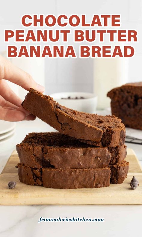 The classic flavor combination of chocolate and peanut butter come together in this recipe for Chocolate Peanut Butter Banana Bread. An easy, indulgent banana bread with a twist! Banana Peanut Butter Bread Recipe, Peanut Butter Banana Bread Recipe Easy, Peanut Butter Banana Bread Recipe, Chocolate Peanut Butter Banana Bread, Greek Yogurt Banana Bread, Butter Bread Recipe, Butter Banana Bread, Peanut Butter Banana Bread, Peanut Butter Bread