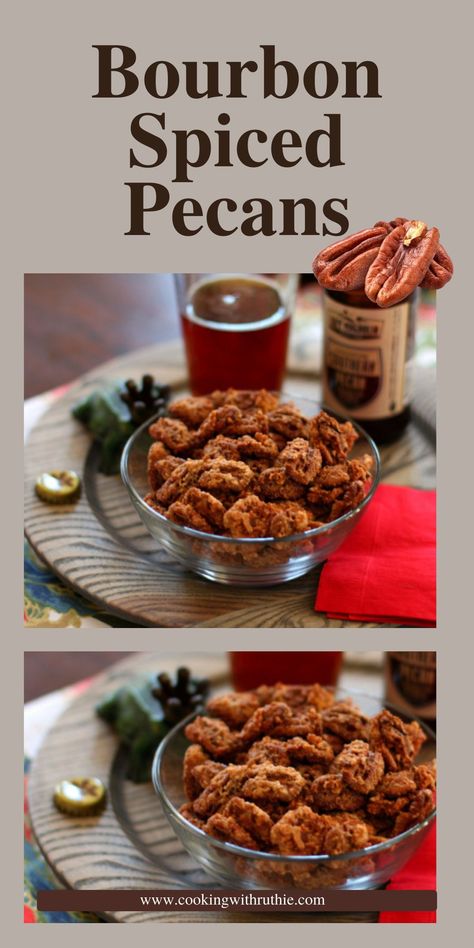 Elevate your snack game with Bourbon Spiced Pecans! These flavorful nuts are infused with the rich taste of bourbon and a blend of warm spices. Perfect for holiday gatherings or a cozy night in. Get ready to savor the crunch! || cookingwithruthie.com #spicedpecans #bourbonflavor #snacktime #cookingwithruthie Spiced Pecans Recipe Holidays, Bourbon Roasted Pecans, Bourbon Pecans Recipe, Bourbon Nuts, Pecan Infused Bourbon, Pecan Pie Bourbon Balls, Bourbon Balls Without Pecans, Bourbon Pecans, Spiced Pretzels