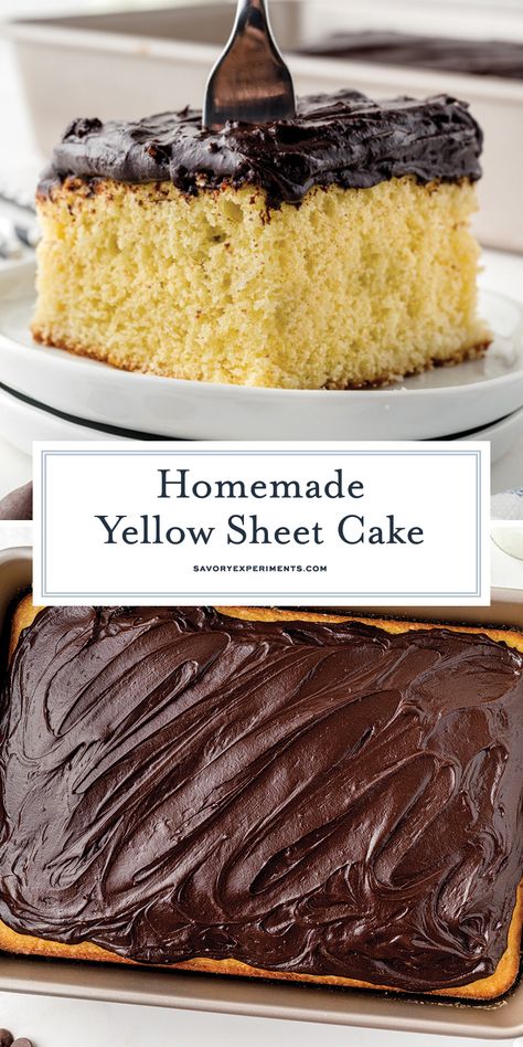 With simple pantry ingredients, you can make this classic Yellow Sheet Cake, perfect for any occasion! Great for birthdays, too! Yellow Sheet Cake Recipe, Sheet Pan Cake, Yellow Sheet Cake, Homemade Yellow Cake, Homemade Vanilla Cake, Half Sheet Cake, Fabulous Desserts, Sheet Cake Recipe, Yellow Cake Recipe