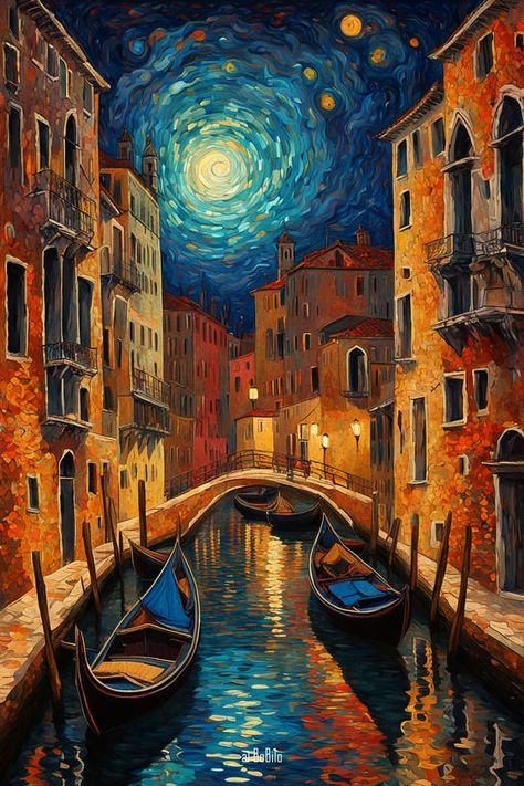 Immerse yourself in the eerie beauty of old Venice with this original painting. This haunting nightscape features the ancient city shrouded in mystery, nestled among winding water canals. With a hint of horror, this captivating artwork perfectly blends the charm of Venice with an ominous atmosphere.  #Venice #MysticalNight #OriginalPainting #HorrorArt #EerieVenice #WaterCanals #MysteryAndHorror #DarkArt #NighttimeVenice #VenetianCharm Old Venice, Art Buildings, Editing Ideas, Ancient City, Ancient Cities, Horror Art, Dark Art, Van Gogh, Cityscape