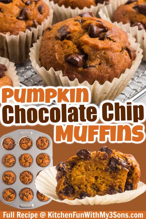 Made with pumpkin puree, pumpkin spice, and semi-sweet chocolate chips, these Pumpkin Chocolate Chip Muffins are the best of both worlds. Easy to make and ultra moist, they'll become your go-to fall muffin! Easy Chocolate Chip Pumpkin Muffins, Pumpkin Spice Chocolate Chip Muffins, Pumpkin And Chocolate Chip Muffins, Jumbo Pumpkin Chocolate Chip Muffins, Pumpkins Chocolate Chip Cookies, Pumpkin Chip Muffins, Pumpkin Pie Mix Muffins, Easy Pumpkin Muffin Recipes, Pumpkin Chocolate Chip Muffins Easy