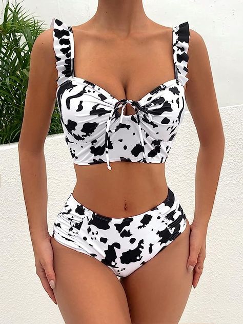 Amazon.com: SHENHE Women's Cow Print 2 Piece Bikini Set Ruffle Trim Ruched High Wasited Swimsuit : Clothing, Shoes & Jewelry Swimsuit Body, Swimsuit Set, Cow Print, Body Size, Ruffle Trim, Women Swimsuits, No Frills, Shoes Jewelry, Knot