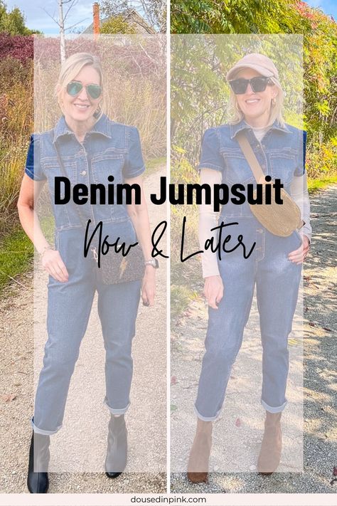 what to wear with a denim jumpsuit in fall How To Style A Denim Jumpsuit, Denim Jumpsuit Outfit Fall, Denim Jumpsuit Outfit Winter, Jean Romper Outfit, Jean Jumpsuit Outfit, Flat Suede Ankle Boots, Jumpsuit Outfit Fall, Jumpsuit Styling, Denim Jumpsuit Outfit