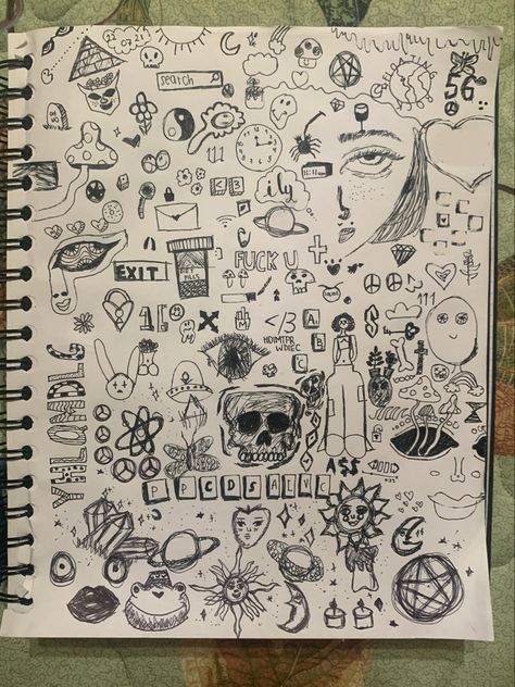 Simple Goth Doodles, Creepy Sketchbook Pages, Goth Doodles Easy, Sketchbook Page Fillers, Sketchbook Doodles Aesthetic, Manic Drawings, Edgy Doodles Aesthetic, Metal Doodles, 2000s Doodles