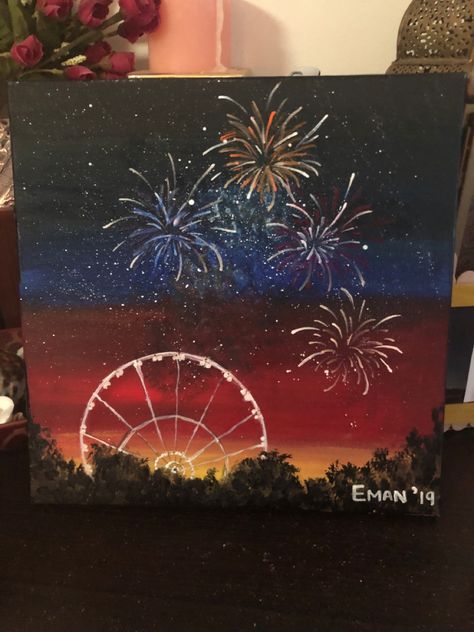 Firework Painting Easy, Carnival Painting Canvas, Circus Painting Ideas, Fireworks Paintings, Fair Paintings, Ferris Wheel Painting, Carnival Painting, Fireworks Painting, Wheel Painting