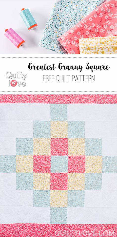 Free quilt pattern by Emily of Quiltylove.com. The Greatest Granny square quilt is an easy beginner friendly quilt pattern. Sponsored by Fabric.com.  #freequiltpattern #quiltpattern #quiltylove Granny Square Quilt Block, Small Square Quilt Patterns, Granny Square Quilts, Granny Square Quilt Block Free Pattern, Free Pdf Quilt Patterns, Granny Square Quilt Pattern, 10 Inch Square Quilt Patterns Free, Picnic Quilts, Quilt Simple