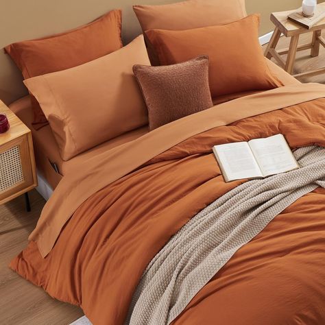 Amazon.com: WRENSONGE Terracotta Full Size Comforter, 7 Pieces Soft Burnt Orange Full Size Comforter Sets- Full Comforter Fitted Sheet, Flat Sheet, 2 Pillow Shams, 2 Pillowcases, Warm Bedding Sets Full All Season : Home & Kitchen Orange Aesthetic Bedroom Ideas, Terracotta Color Palette Bedrooms, Orange And Grey Bedroom, Burnt Orange Bedroom, Orange Duvet, Green Comforter Sets, Full Size Comforter Sets, Warm Bedding, Twin Size Comforter