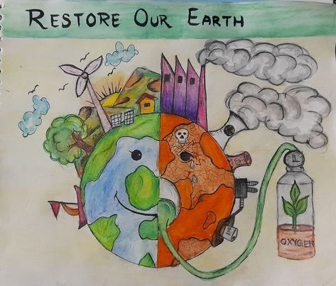 Save n Restore Our Earth Restore Our Earth Poster, Drought Resilience Poster Drawing, Earth Vs Plastic Poster, Land Restoration Poster Drawing, Environmental Art Posters, Biodiversity Poster Drawing, Environmental Protection Drawing, Protect Environment Art, Save Earth Painting