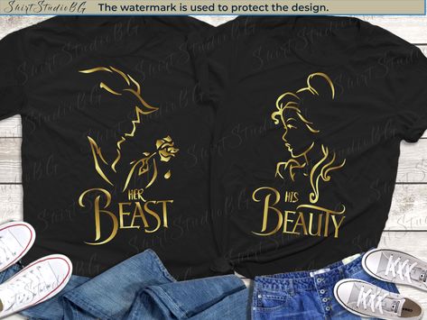 Beauty and the Beast Rose Shirts, Her Beast His Beauty Gold Foil Shirt, Disney Couple Shirts, Disneyland Shirs, Disney Valentines Shirt - Etsy His And Hers Disney Shirts, Her Beast His Beauty, Couples Disney Shirts, Beauty And The Beast Rose, Disney Couple, Disney Couple Shirts, Couples Shirts, Disney 2024, Disney Valentines