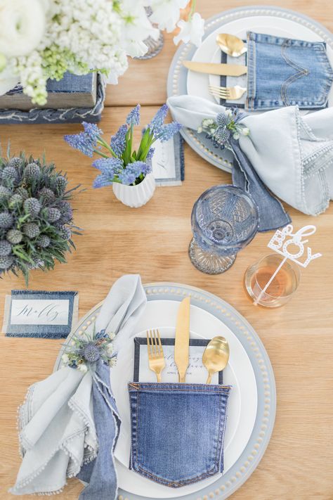 Denim Baby Shower, Diamonds And Denim Party, Denim And Pearls, Ali Fedotowsky, Denim Party, Denim Wedding, Pastel Baby Shower, Tafel Decor, Denim Baby