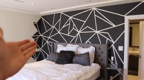 black & white geometric wall design (featured in David Dobrick's house tour) // pin: theestorysofar Black And White Accent Wall Bedroom, Black Wall With White Lines, Room Wall Painting Black And White, Black And White Wall Design Paint, Black And White Wall Painting Ideas, Geometric Wall Paint Bedroom, Black And White Geometric Wall, Geometric Wall Paint Black And White, Boys Black And White Bedroom