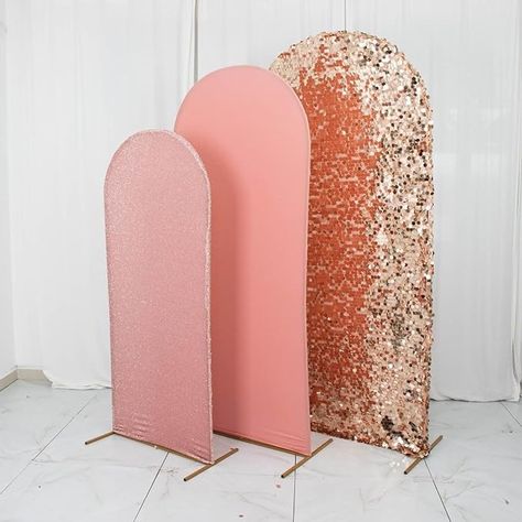 Amazon.com: Efavormart Set of 3 | Blush/Rose Gold Round Top Fitted Photo Backdrop Stand Covers, Big Payette Sequin, Shimmer Tinsel and Matte Spandex Wedding Arch Frame Covers : Home & Kitchen Selfie Studio, Photo Backdrop Stand, Arch Frame, Party Backdrops, Booth Decor, Sequin Backdrop, Gold Backdrop, Events Ideas, Party Deco