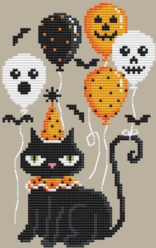 Cross stitch pattern from Shannon Christine featuring a cat "partying hard" at a Halloween get together!    Pattern is stitched on the fabric of your choice using DMC threads. Stitch count is 60 x 96. Shannon Christine Designs Cross Stitch, Halloween Cross Stitch Patterns, Animal Cross Stitch Patterns, Halloween Cross Stitches, Party Animals, Cat Cross Stitch, Party Animal, Stitch Art, Cross Stitch Patterns Christmas