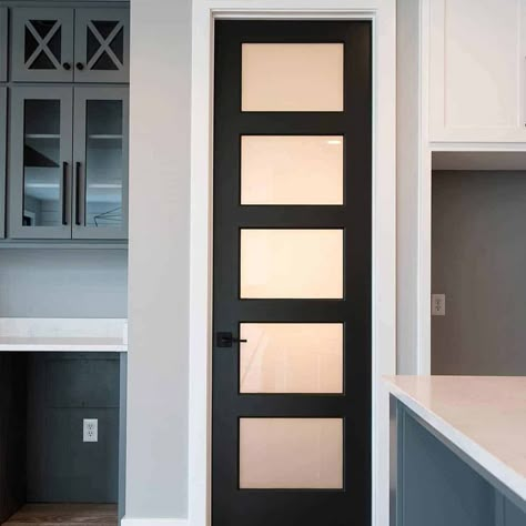 25 Glass Pantry Doors You'll Want to Add to Your Kitchen Now - KnockOffDecor.com Modern Pantry Doors Ideas, Pantry Door Black, Black Glass Pantry Door, Pantry Door Glass, Kitchen Pantry Door Ideas, Glass Pantry Door Ideas, Pantry Doors Ideas Kitchen, Black Pantry Door, Pantry Doors With Glass Panels