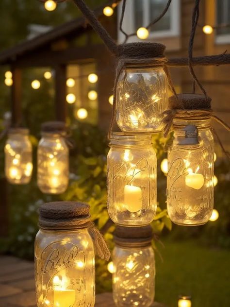 mason jars 2a Jars With Lights Inside, Glass Jar Crafts, Fairy Lights In A Jar, Diy Dollar Tree Crafts, Fall Front Porch Decor Ideas, Fall Outside, Crafts With Glass Jars, Mini Glass Jars, Mason Jar Lights