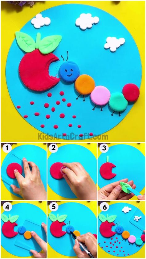 How To Make Caterpillar Eating Apple Using Clay Paper Clay Projects Crafts, Simple Clay Art For Kids, Clay Activity For Kids, Clay Activities For Kids, Clay Caterpillar, Clay Activity, Clay Art For Kids, Clay Projects For Kids, Snowflake Wall