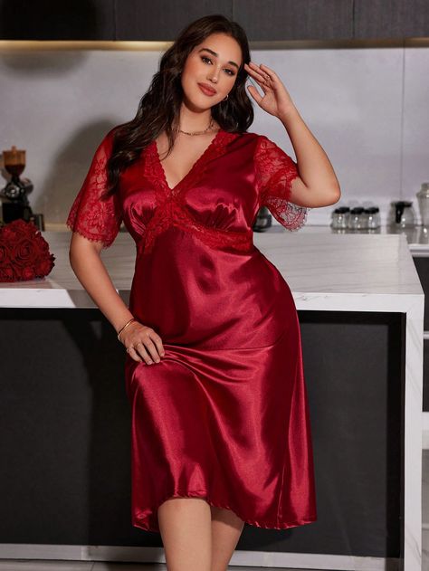 Plus Size Lace Splice V-Neck Back Tie Waist Design Faux Silk Nightgown Burgundy Sexy  Half Sleeve Satin  Nightgowns Slight Stretch All Women Plus Sleep & Lounge, size features are:Bust: ,Length: ,Sleeve Length: Plus Size Sleepwear Nightgowns, Satin Design, Night Gown Dress, Satin Nightgown, Plus Size Sleepwear, Silk Nightgown, Hot Women Dress, Satin Lingerie, Lace Splicing