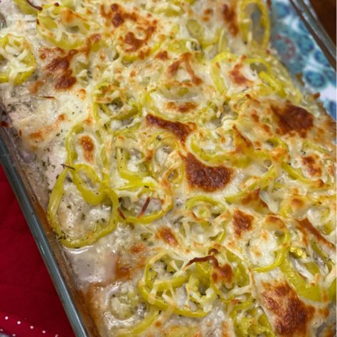 Ranch Pepperoncini Chicken - Diaries of a Domestic Goddess Chicken Ranch Pepperocini Bake, Chicken And Peperoncini, Recipe With Pepperoncini, Pork Chops With Pepperoncini, Chicken And Pepperoncini Recipes, Chicken With Pepperoncini, Recipes With Peppercinis, Pepercinni Recipes, Chicken And Banana Pepper Recipes