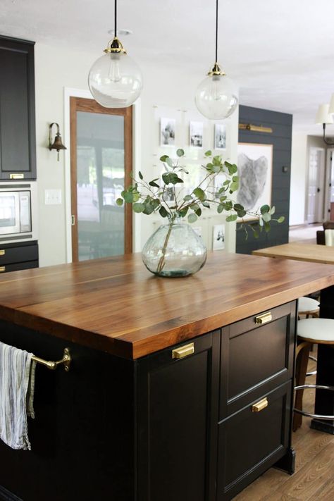 Casual Friday - Chris Loves Julia Kitchen With Black Cabinets, Walnut Butcher Block Countertops, Black Kitchen Island, Butcher Blocks, Kitchen Island Decor, Kitchen Remodel Before And After, Classic Kitchen, Kitchen Decor Modern, Butcher Block Countertops