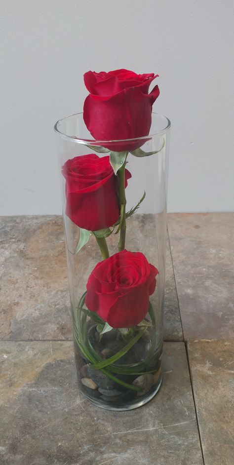 Cobblestone Design Company, Concord NH Three Red Roses, Rose In A Glass, Red Wedding Decorations, Tall Glass Vase, Concord Nh, Gold Centerpieces, Clay Crafts For Kids, Glass Cylinder Vases, Flower Arrangements Simple