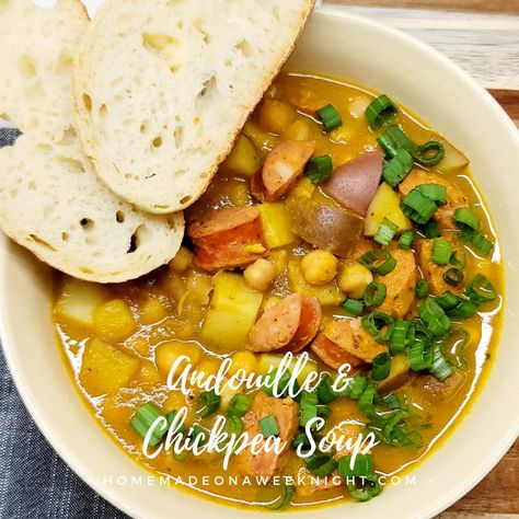 Andouille & Chickpea Soup - Homemade on a Weeknight Andouille Sausage Soup, Soup Homemade, Paprika Potatoes, Cajun Dishes, Chickpea Soup, Sausage Soup, Andouille Sausage, Andouille, Smoked Pork