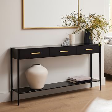 Metalwork Console Entrance Console Table With Drawers, Console Table Transitional, Narrow Console Table With Drawers, Narrow Console With Drawers, Entrance Console Table Luxe, Simple Console Design, Console Table With Drawers Entryway, Entryway Table Narrow, Transitional Entryway Table