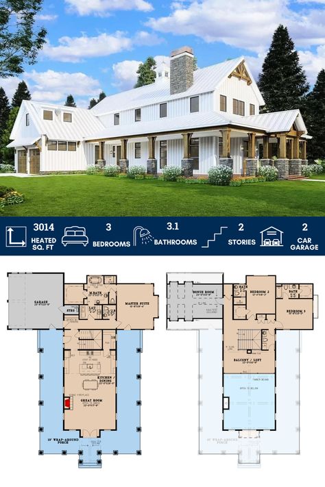 Rustic Home Plan with Wraparound Porch and 2-Story Great Room with Loft Overlook Great Room With Loft, 2 Story Homes, Room With Loft, Loft Layout, Wraparound Porch, Barndominium Plans, Rustic House Plans, Wood Columns, House Plan Gallery