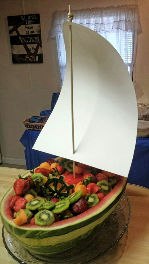 Fruit Boat, Boat Party Theme, Watermelon Boat, Cruise Theme Parties, Nautical Food, Lake Birthday Party, Sailing Party, Sailor Birthday, Sailor Party