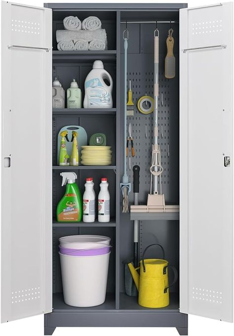 Amazon.com: IRONFFICE Broom Storage Cabinet,Metal Cleaning Closet Cabinet,Cleaning Tool Storage Cabinet,Cabinet for Cleaning Supplies with Hanging Rod & S-Hooks,Broom Closet Cabinet for Office,Garage : Home & Kitchen Hanging Brooms And Mops Ideas, Cleaning Closet Ideas, Broom Storage Cabinet, Broom Closet Organizer, Cleaning Tools Storage, Closet Storage Cabinets, Mop Storage, Broom Storage, Cabinet Cabinet