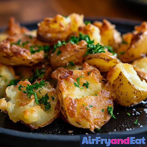 Air Fryer Smashed Potatoes: Easy & Super Crispy | AirFryAndEat Air Fryer Smashed Potatoes, Smashed Potatoes Recipe, Potatoes Easy, Crispy Smashed Potatoes, Yellow Potatoes, Small Potato, Smashed Potatoes, Crispy Potatoes, Ranch Dressing