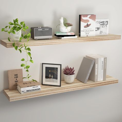 PRICES MAY VARY. 【2 Pack floating shelves】 The wall shelves are simply designed with solid paulownia wood and invisible metal brackets not only enhancing the aesthetic flare of any household but also enabling a delightful decoration to match any design or style of a room 【Shelves for Wall Decor】 These wall shelves add a rustic atmosphere to your room while keeping it organized, perfect for organizing books, collectibles, plants, photo frames, and more on the wall without taking up floor space. P Hanging Wood Shelves Bedroom, Floating Shelves Light Wood, Nature Themed Bedroom Wall Shelves, Light Brown Floating Shelves, Gold Wall Shelves Target, Room Shelves, Floor Space, Living Room Sets, Home Decor Furniture