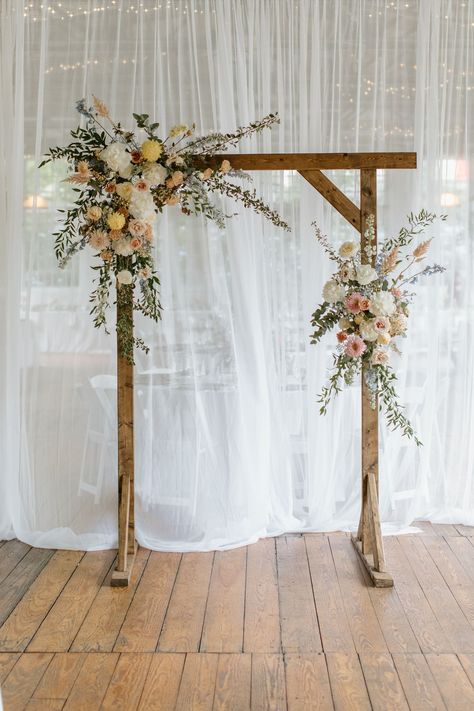 Gossamer curtains and big, bursting bunches of flowers? This is our love language. #ceremonialflorals #weddingceremony #ceremonialinstall #elizabethgrantphotography Flower Wedding Arch Altars, Gossamer Curtains, Wedding Arch Flowers Simple, Floral Arbor, Chuppah Flowers, Bunches Of Flowers, Wedding Arbor Rustic, Boho Wedding Arch, Diy Wedding Arch