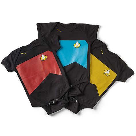 Get your child into Star Trek as early as possible with these Star Trek TNG Uniform Onesies. You can choose red for Command, blue for Sciences, or gold for Operations. These uniforms feature a 3-snap closure for when your number one Star Trek Baby, Nerd Baby, Nerdy Baby, Star Trek Tng, Geek Baby, Funny Nerd, Funny Onesies, Think Geek, Silhouette Ideas