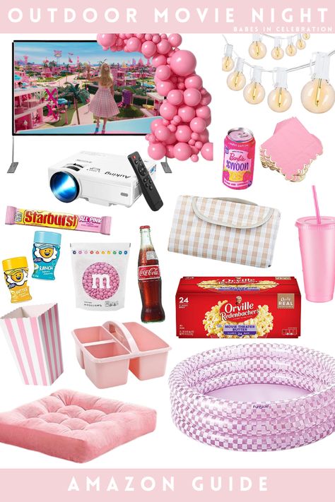 An all pink outdoor movie night sounds like the perfect partner for a Barbie bachelorette or birthday party. From pink candy to pink pillows, here are all the essentials you will need! #amazonaffiliate @ad Glam Movie Night Party, Pink Movie Party, Pink Movie Night Party, Barbie Movie Night Party, Bachelorette Movie Night, Barbie Party Bags, Diy Outdoor Movie Night, Barbie Movie Night, Pink Movie Night