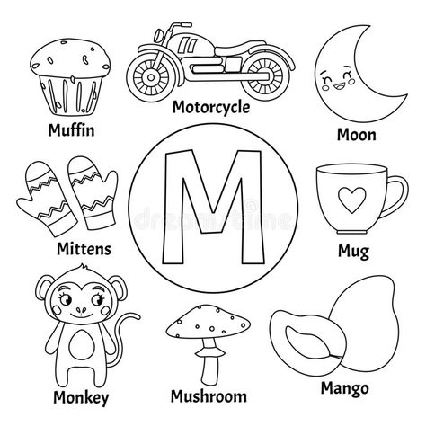 Vector cute kids alphabet. Vector cute kids animal alphabet. Letter M. Set of cute cartoon illustrations. Coloring page royalty free illustration Letter M Crafts, Letter M Activities, Animal Alphabet Letters, Nursery Worksheets, Alphabet Crafts Preschool, Monster Truck Coloring Pages, Vector Alphabet, Mushroom Stock, Page Illustration