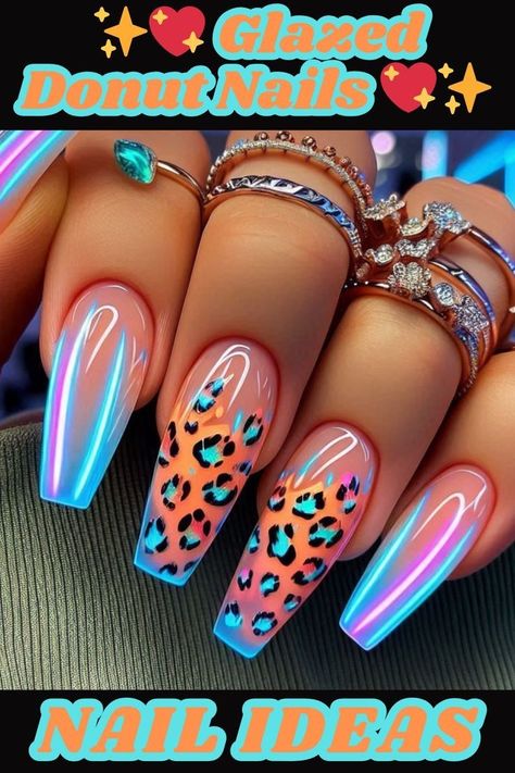 Simple One Finger Nail Design, Very Short Nails Ideas Summer, Y2k Junk Nails, Medium Stiletto Acrylic Nails, Nails Acrylic Designs Unique, Pink Coffin Nail Ideas, Neon Leopard Nails, Holographic Tips, Marble Nails Acrylic