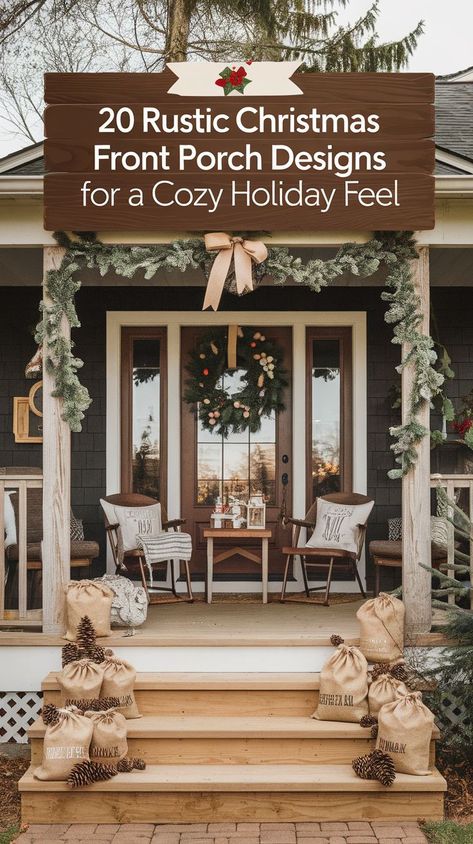 Create a warm and inviting entrance with these 20 rustic Christmas front porch designs! Using natural elements like wood, pinecones, and burlap, you can evoke a cozy holiday atmosphere. These charming rustic decor ideas will make your porch a welcoming winter retreat, perfect for greeting friends and family this Christmas season. Front Porch Christmas Decor Ideas Rustic, Rustic Christmas Front Porch, Rustic Decor Ideas, Winter Retreat, Front Porch Design, Christmas Front Porch, Christmas Porch Decor, Front Porch Christmas, Cozy Holiday