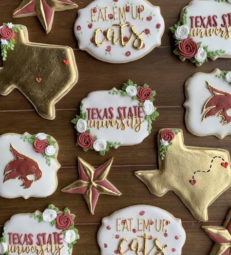 Texas State University Graduation Party, Texas State Graduation Party, Texas State University Aesthetic, Aggie Cookies, Grad Cookies, Grad Party Theme, Cookie Birthday, Graduate Party, College Grad Party