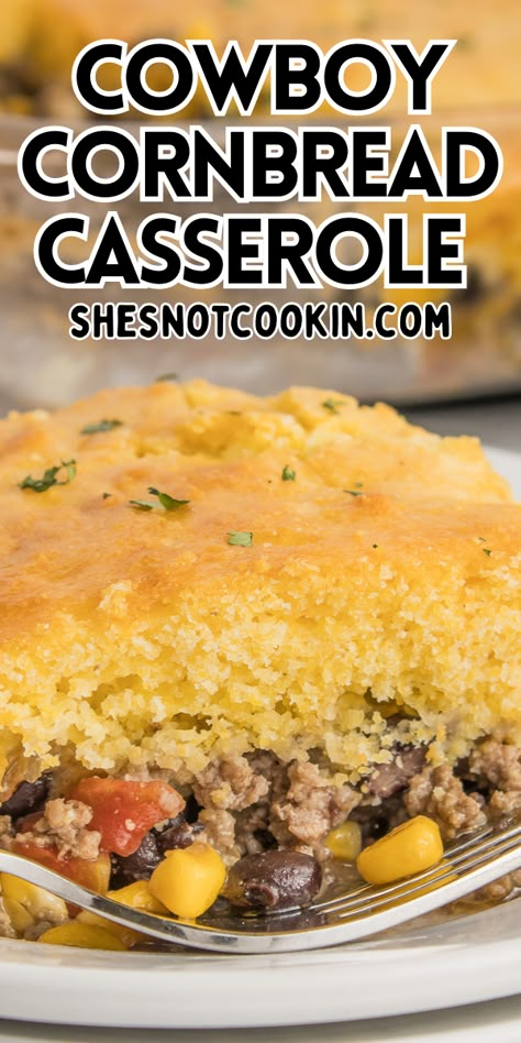 Cowboy cornbread casserole on a white plate with a fork. Cowboy Cornbread Casserole, Cornbread Topping, Cowboy Casserole Recipe, Cowboy Cornbread, Cheesy Cornbread, Cornbread Casserole Recipe, Cowboy Casserole, Jiffy Mix, Cornbread Casserole