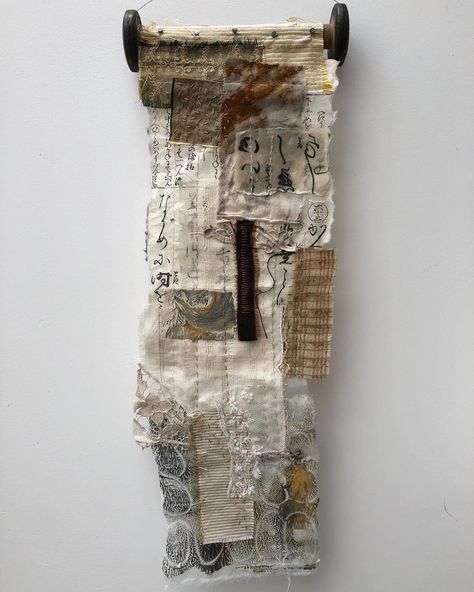 Sally MacCabe on Instagram: “Scroll hanging ready for my exhibition  #scroll #hanging #vintagebobbin #mixedmedia #handstitch #textileart #newwork #contemporaryart” 3d Textiles, Embroidery Artists, Spirit Cloth, Thread Weaving, Arty Ideas, Patchwork Tutorial, Handwoven Tapestry, A Level Art Sketchbook, Textile Art Embroidery