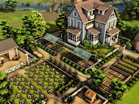 The Sims Resource - Dream Farm (NO CC) Farm Exterior Design, Sims 4 Cottage Living Farm Layout, Sims 4 Cottage Landscaping, Sims 4 Big Cottage House, Cottagecore House Floor Plan, Sims 4 Garden Layout, Sims 4 Cottage No Cc, Sims Farm Layout, Sims4 Greenhouse