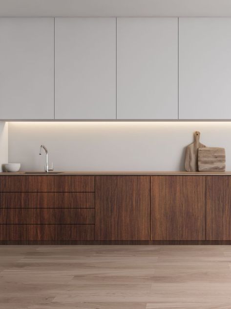 Wooden Finish Kitchen, Wood Interior Kitchen, Cladded Kitchen, Grey Splashback, Headboard Shelf, Kitchen Cupboard Colours, Modern Kitchen Cupboards, One Wall Kitchen, Bathroom Cupboards