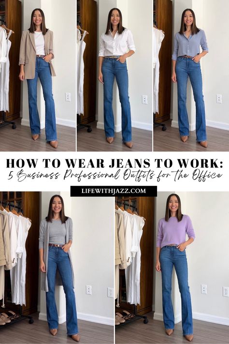 How to Wear Jeans to Work: 5 Business Professional Outfits for the Office with some of my top favorite work pieces from Nordstrom! How To Wear Jeans To Work, Life With Jazz, Outfits For The Office, Jeans Blazer Outfit, Business Casual Jeans, How To Wear Jeans, Jeans Outfit For Work, Preppy Business Casual, Business Professional Outfits