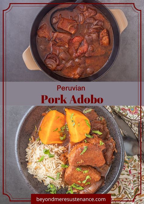 Peruvian Pork Recipes, Aji Panca Recipes, Pork Adobo Recipe, America Recipes, Boiling Sweet Potatoes, Pork Adobo, Adobo Recipe, International Dishes, Peruvian Cuisine