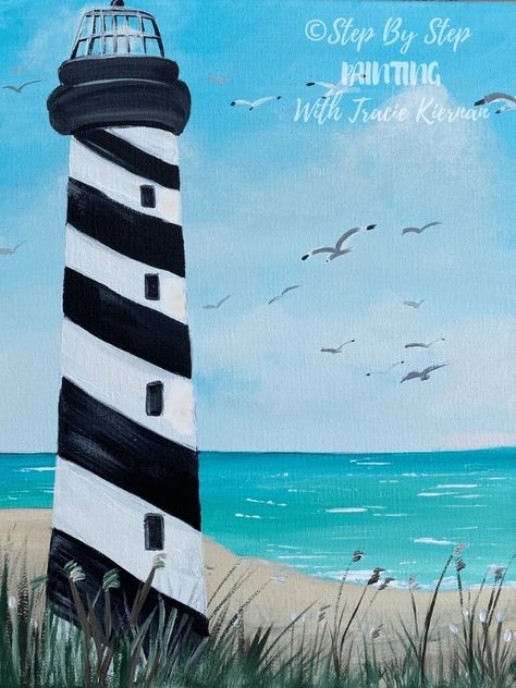 Learn to paint a lighthouse on a beach. Step by step painting tutorial for beginners. Lighthouse painting. Beach painting. Lighthouse Beach Painting, How To Paint A Lighthouse Step By Step, Light House Painting Acrylic Easy, How To Draw A Lighthouse, Painting Beach Easy, Lighthouse Acrylic Painting, Simple Summer Paintings, Beach Paintings On Canvas Easy, Beach Scenes To Paint