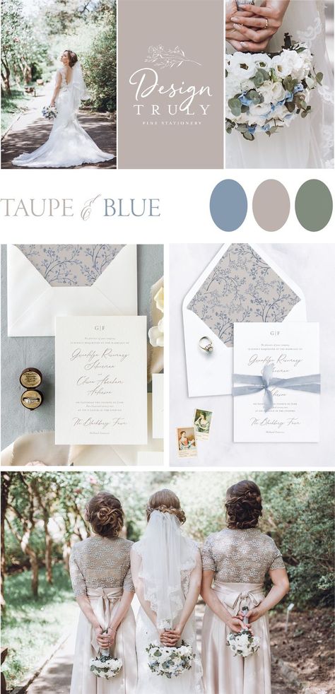 This neutral, earth toned color palette is perfect for a spring or summer wedding with light, airy colors and florals. Highlight your wedding day with dusty blues and neutral tones of taupe with pops of earthy greens. Soft florals with greenery make for exquisite bouquets and flower arrangements. This timeless color scheme is the perfect blend of vintage and modern. To complete the look, we have matched our Gwendolyn Wedding Invitation to this color palette. Visit DesignTruly.com to see our... Dusty Blue And Taupe Wedding, Wedding Color Schemes Blue, Wedding Color Schemes Summer, Neutral Wedding Inspiration, Pastel Wedding Colors, Taupe Wedding, Earthy Greens, Rustic Wedding Colors, Neutral Wedding Colors