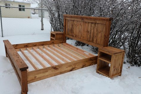 Stained Wood Bed Frame, Diy Queen Bed Frame With Storage Plans, King Bedframe Diy, Diy King Bed Frame Plans, California King Bed Frame Diy, King Size Bed Plans, Diy California King Bed Frame, King Bed Frame Ideas, Farmhouse King Bed