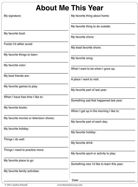 free printable. "About Me This Year". Help remember your child's likes and dislikes. Great for older children to fill out themselves or younger children to be interviewed. Materi Bahasa Jepang, Vie Motivation, Writing Challenge, Journal Writing Prompts, Smash Book, Time Capsule, Bullet Journaling, Child Development, Journal Writing